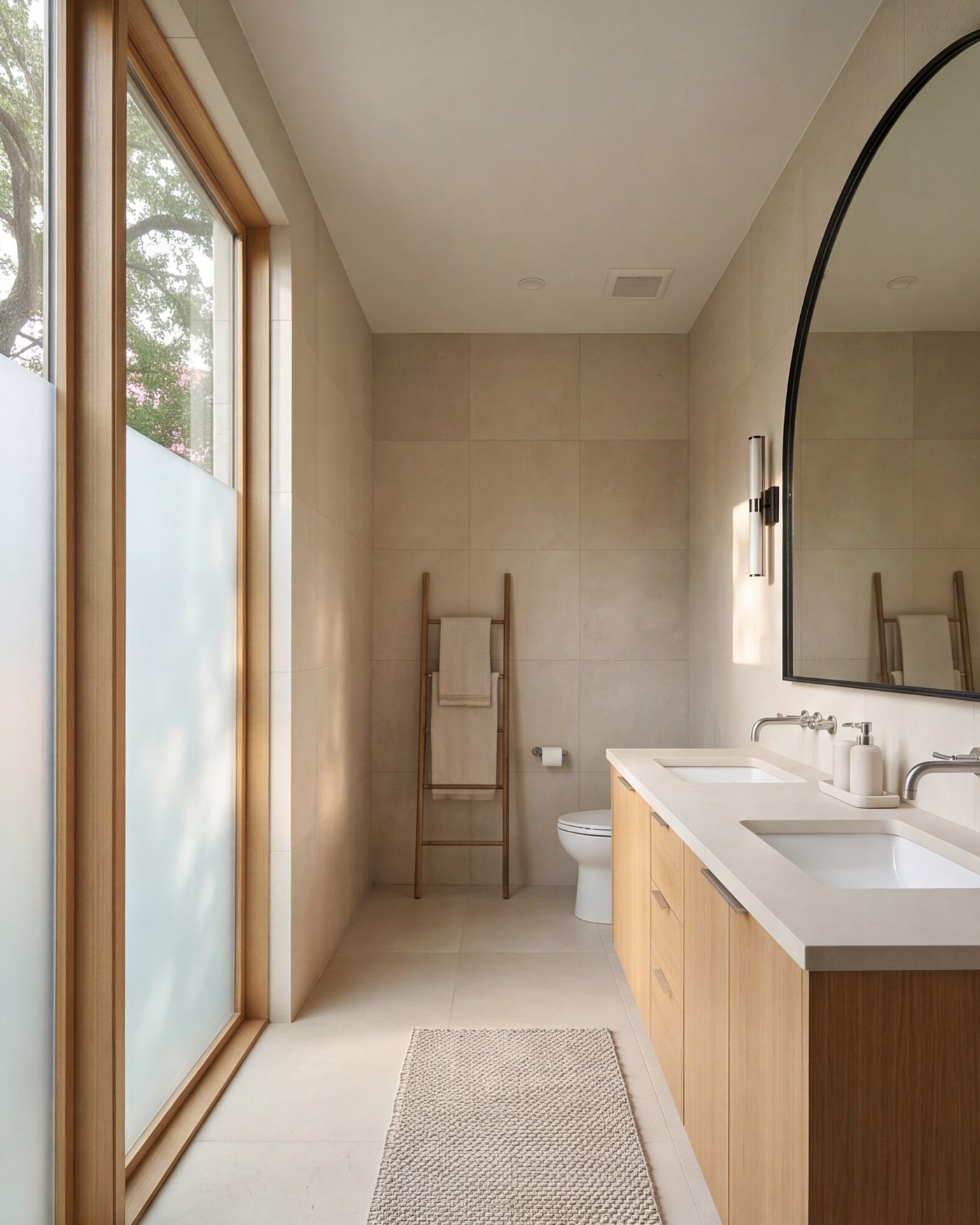 tall view of a bathroom window at seven in the morning, light on stone and an oak vanity