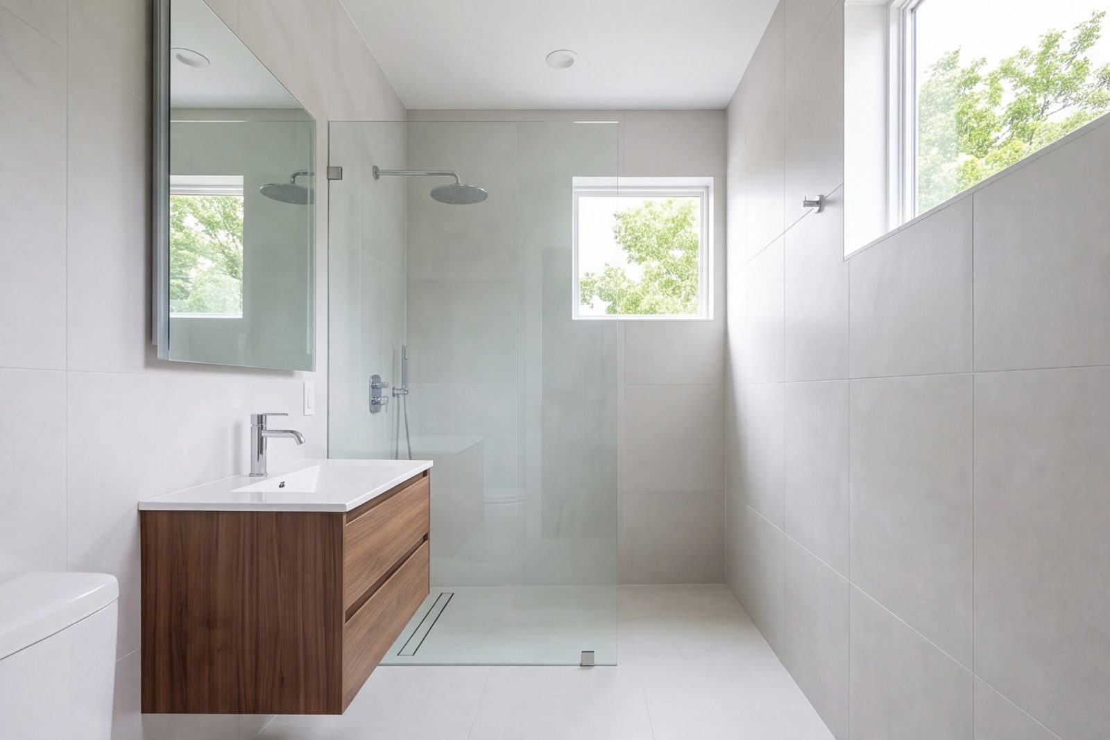Narrow Bishop Arts townhome bathroom with wall-hung vanity, large tile and a clear glass shower