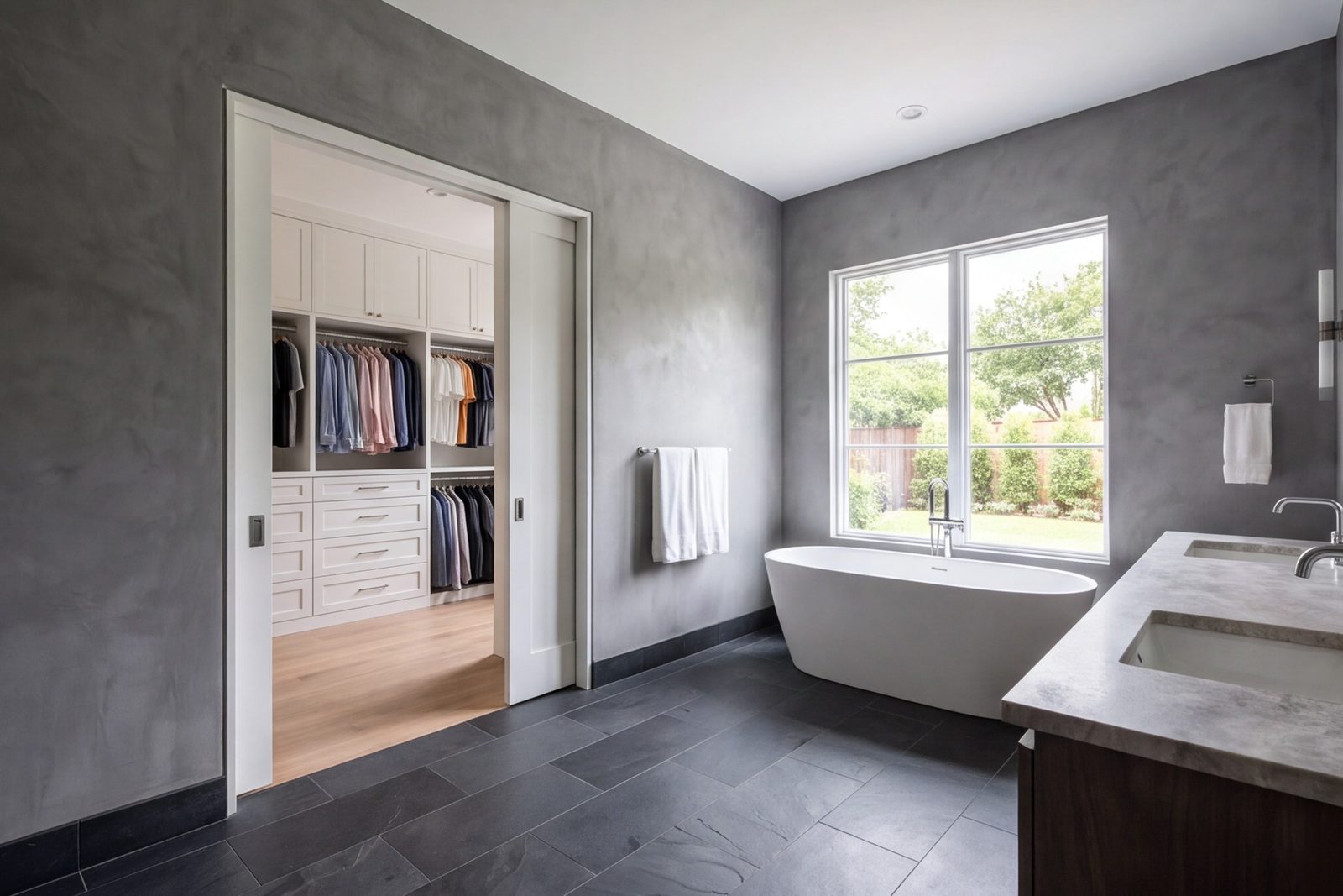 Design District primary suite with plaster walls, dark stone bath and an open pocket door to a dressing room