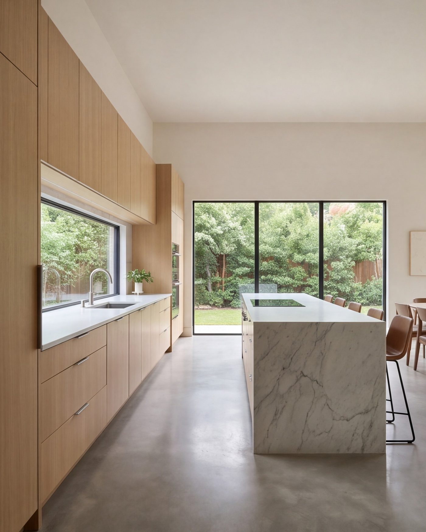 Wide modern kitchen with flat-front cabinets to the ceiling, a stone island and a long window
