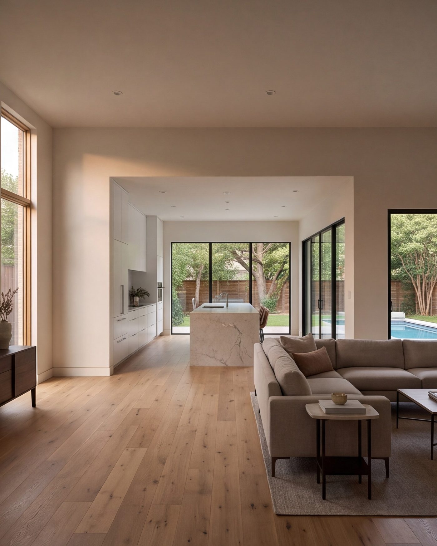Open-plan living room and kitchen in a remodeled Dallas house with oak floors and warm evening light